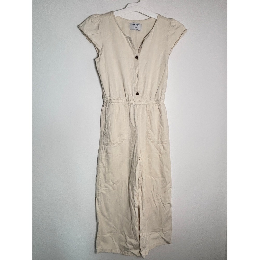 Old Navy Girls Cream Beige Linen Blend Cap Sleeve Wide Leg Jumpsuit Size L 10-12